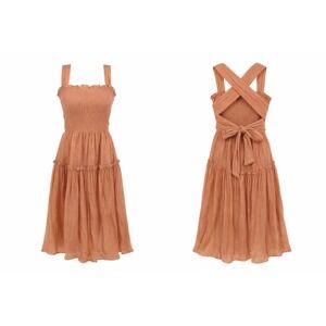 Lena Smocked Midi Dress S Peach Tie Bow Back Tiered Ruffle Gauze Coquette